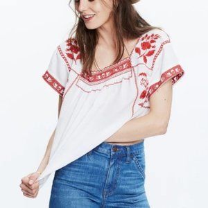 Madewell Wildfield 70’s White Peasant Top with Red Embroidery Size Medium